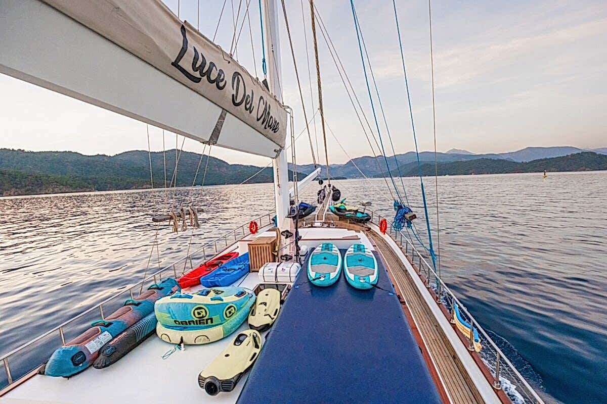 gulet anchored in a quiet bay in Turkey A private gulet anchored in a quiet bay in Turkey